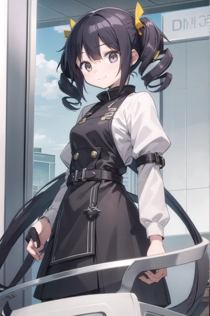1 girl, black hair, twin drills, white skin, cute 14 year old girl, black and white, cute smile, gray eyes,