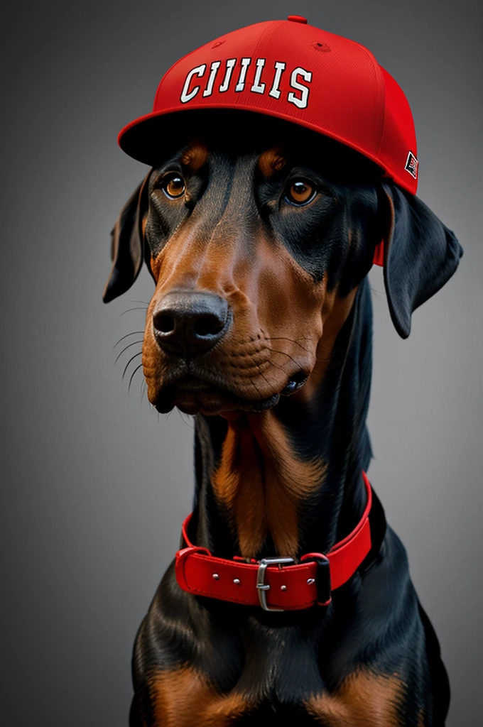 Cartoon of a Doberman showing his Chicago bulls cap