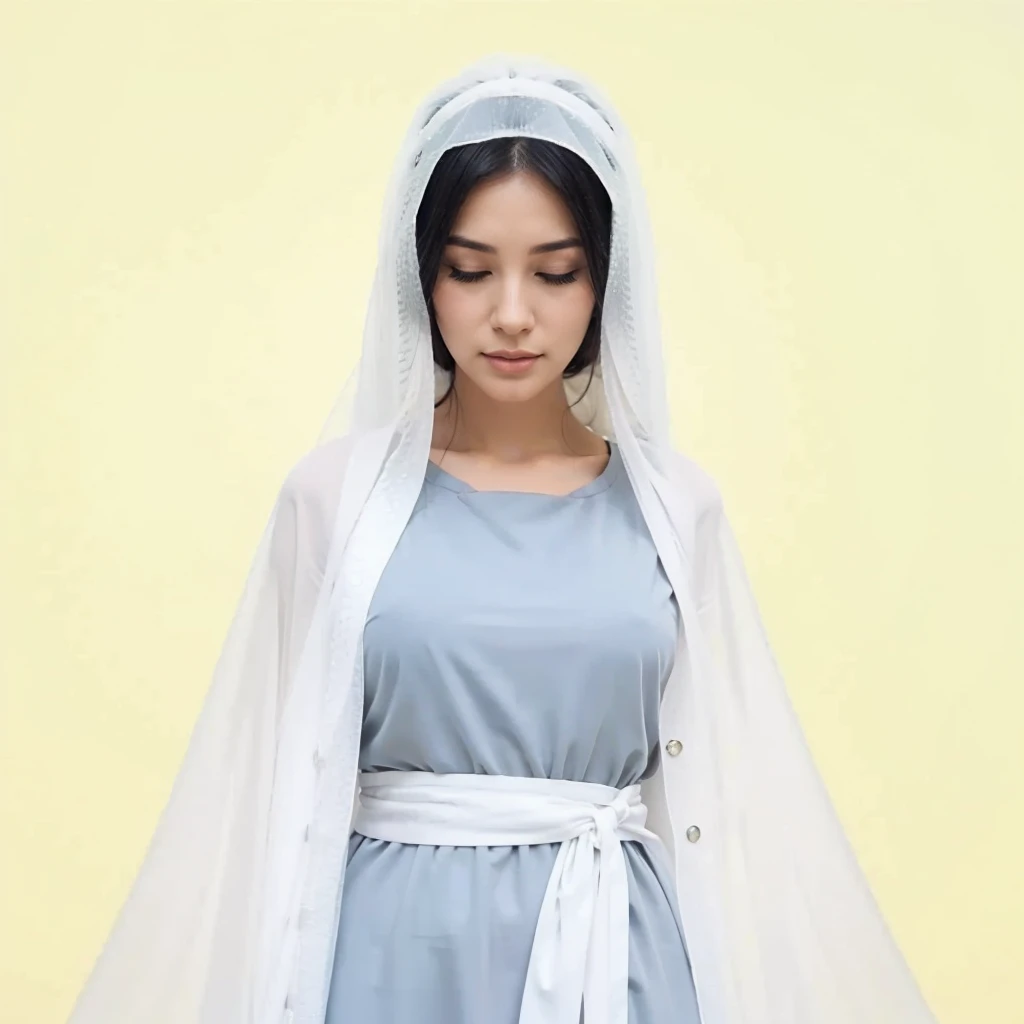 Beautiful woman with eyes closed, wearing gray tunic and white veil, long black hair 