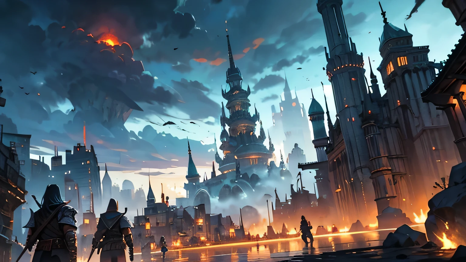 orc city, several armed orcs, view of the sky.