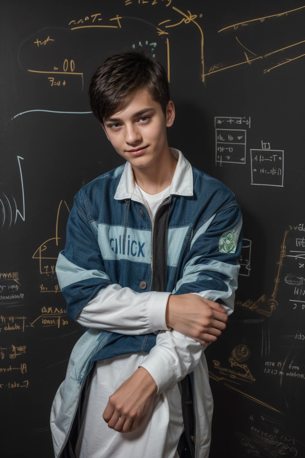 A beautiful young man, a cute male twink, with black hair, a face with reddish make-up, wearing a bright white long-sleeved shirt and aqua blue pants. He is in his office, and behind him is a blackboard on which is written the shape of the brain and its anatomy, and nuclear energy comes out of it.