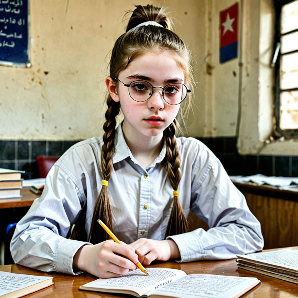 Pale skin ponytail hair Kurdish glasses studying at table tin body