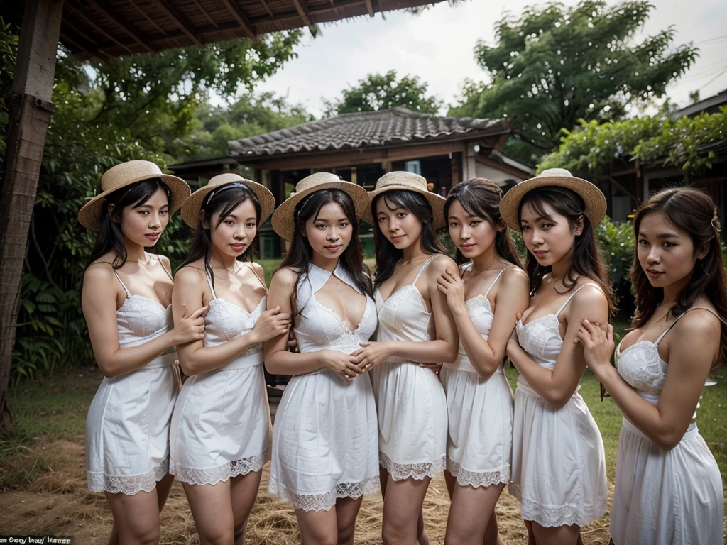 A charismatic man, exuding confidence and charm, stands surrounded by seven young Vietnamese women dressed in white lace outfits and farmer's hats. Some gently place their hands on his shoulders or body, creating an intimate and intriguing scene. In the background, a quaint Vietnamese village hut completes the setting. This captivating image, whether a painting or photograph, is rich in detail, with vibrant colors and a sense of story unfolding. The composition is impeccable, offering a glimpse into a moment of connection and intrigue.