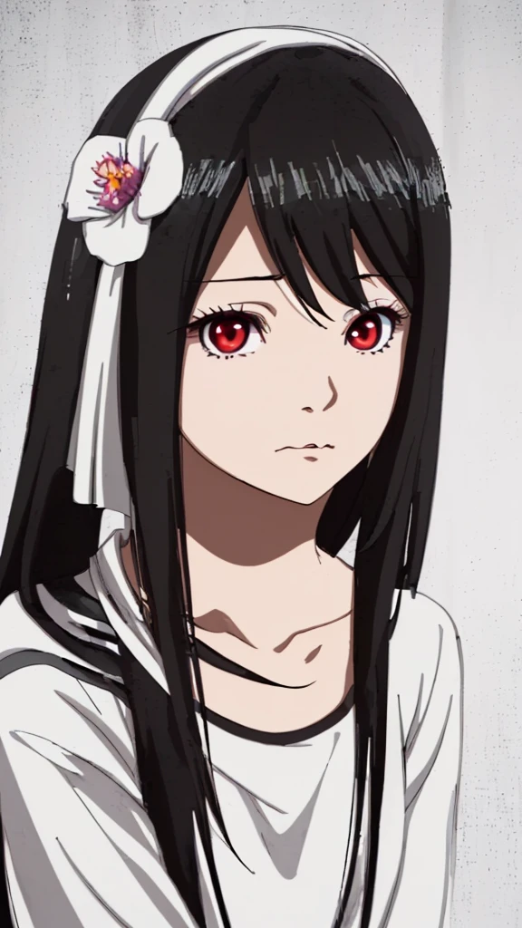 Anime girl with long black hair wearing a white shirt and a flower crown., beautiful animated portrait, awesome anime face portrait, beautiful anime girl, Kawaii realistic portrait, detailed portrait of anime girl, anime girl portrait, 3d realistic anime style, realistic Young anime girl, realistic anime art style, Young anime girl, anime realism style, realistic anime art style  