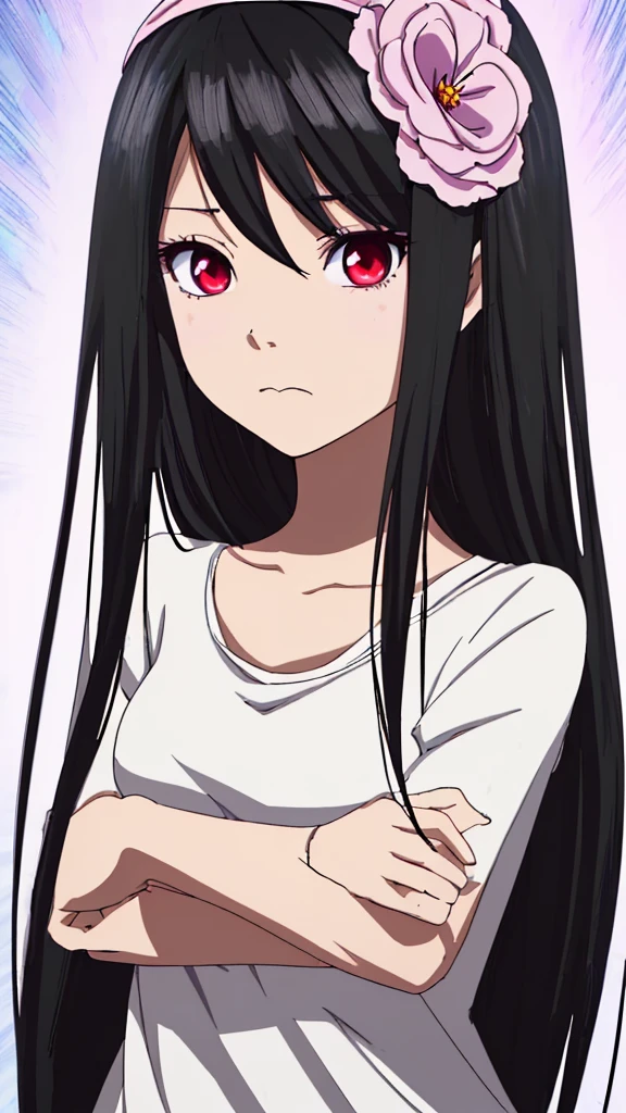 Anime girl with long black hair wearing a white shirt and a flower crown., beautiful animated portrait, awesome anime face portrait, beautiful anime girl, Kawaii realistic portrait, detailed portrait of anime girl, anime girl portrait, 3d realistic anime style, realistic Young anime girl, realistic anime art style, Young anime girl, anime realism style, realistic anime art style  