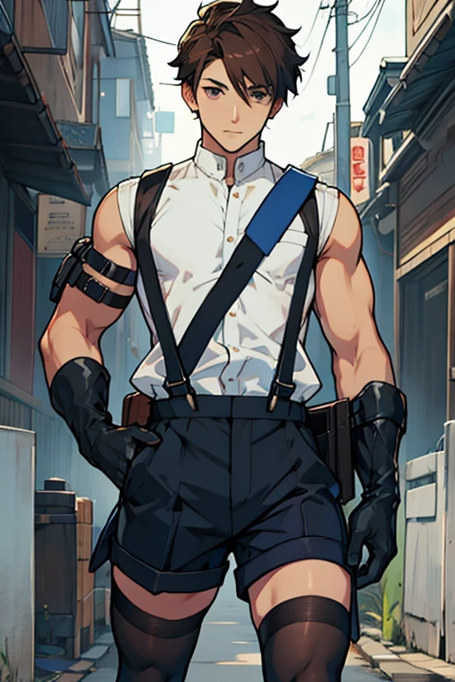 Young man short hair dark blue brown eyes white sleeveless shirt black shorts suspenders black stockings black gloves