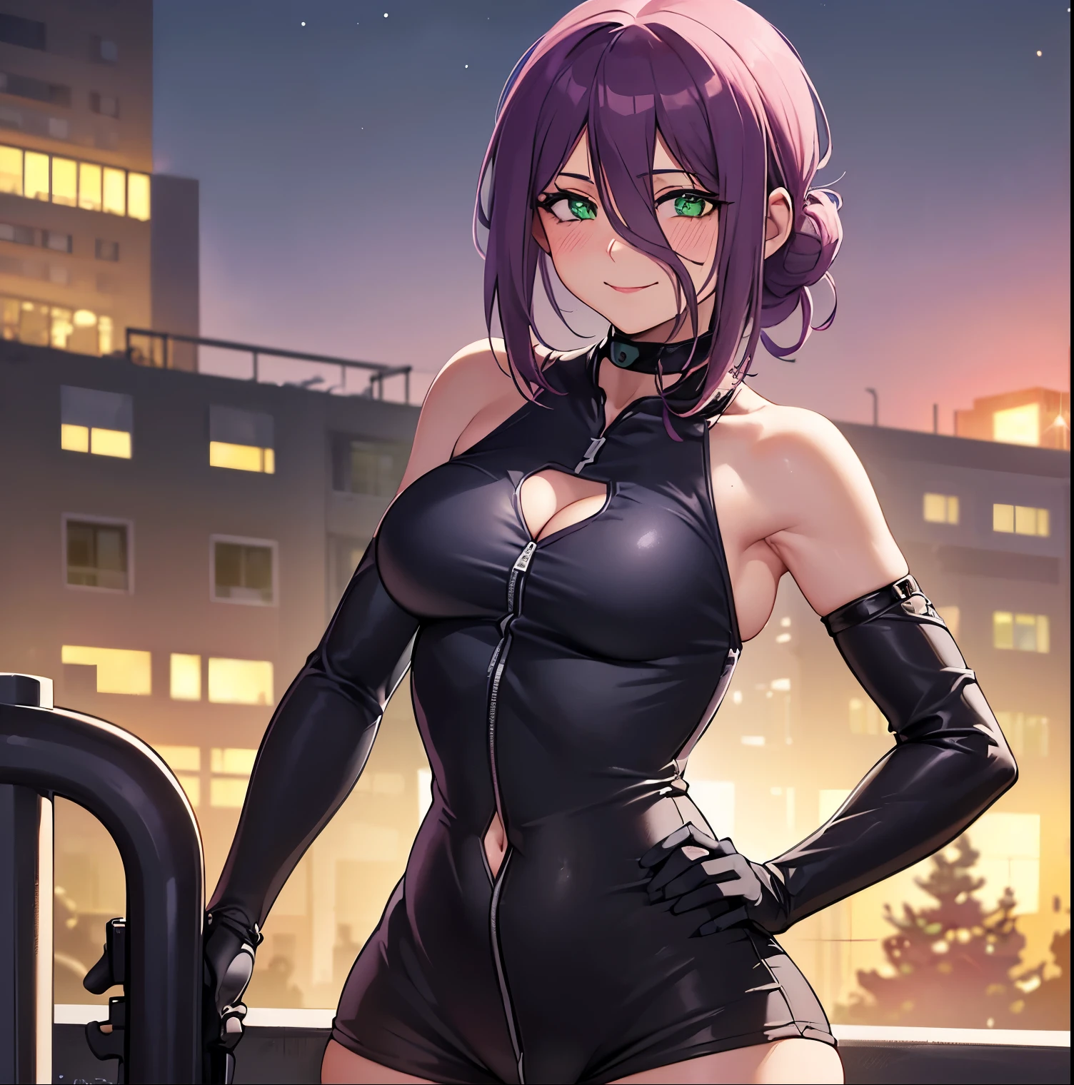 1girl,alone,reze (chainsaw-man),masterpiece,ultra detailed,detailed eyes,detailed face,sharp focus,seductive,smiling,blushing,closed mouth,detailed background,perfect body,curvy body,cowboy shot,dynamic posture , looking at viewer, hands on hips, medium breasts, medium waist, wide hips, wide thighs, round butt, black choker, choker, dark purple hair, eyebrows hidden by hair, (green eyes: 1.5), hair between eyes , long bangs, medium hair, smile, ,standing, (outdoor:1.4, Roof:1.2, cityscape:1.3, building:1.3, railing:1.1, moon:14, night sky, stage, City lights:1.3, blushing, light pink lipstick :1.2), Necklace with a cross, navel cutout, Navel exposed, cleavage, long sleeves, jumpsuit, unzip dark purple jumpsuit, dark purple gloves, smile, holding a gun, Gun, Gun, looking back,from behind,( (focus on the butt) pov (from below), perfect anatomy, perfect hands