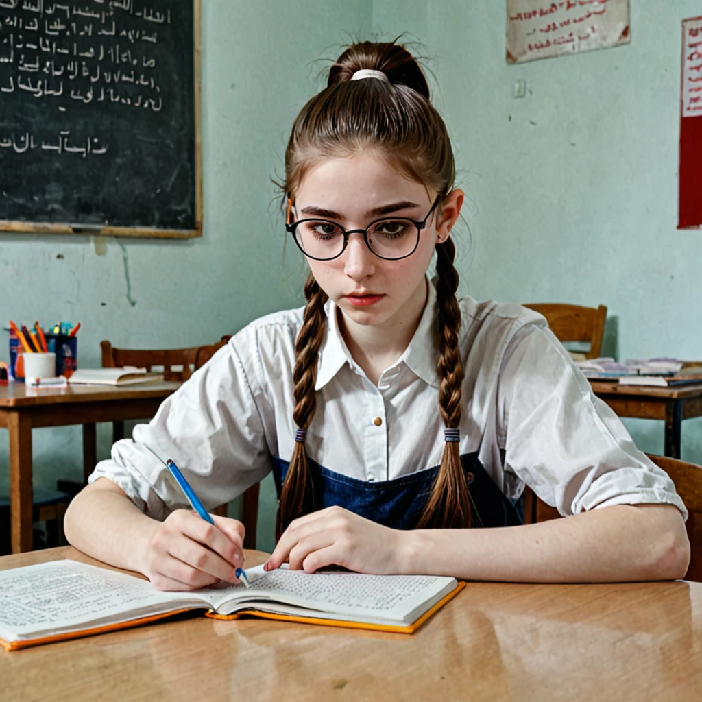 Pale skin ponytail hair Kurdish glasses studying at table tin body