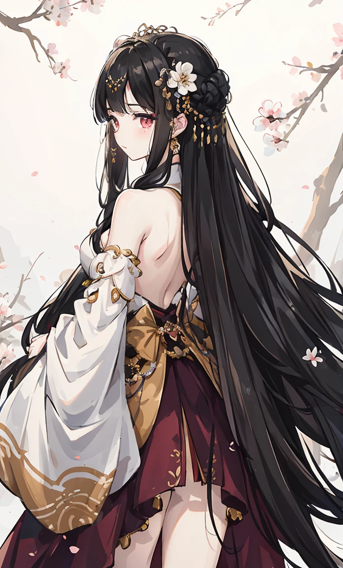 (masterpiece:1.2),  Her lush black hair covers her body.,1 plump girl, alone, Back view,branch, Flowers Bloom, gem, skirt, ear nipple ring, The Tree, Through the bangs, Long white hair, hair ornaments, Displaying the viewer, Chinese clothing, Black Hair Color, Hair Flower, Brown Hair, Exposed bare shoulders, Very long hair,Wide sleeves, Long sleeves