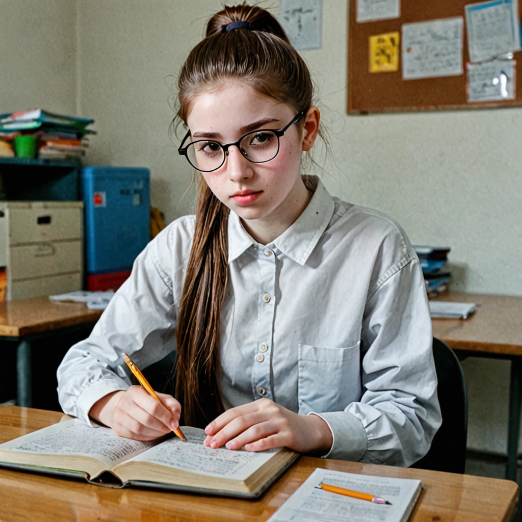 Pale skin ponytail hair Kurdish glasses studying at table tin body