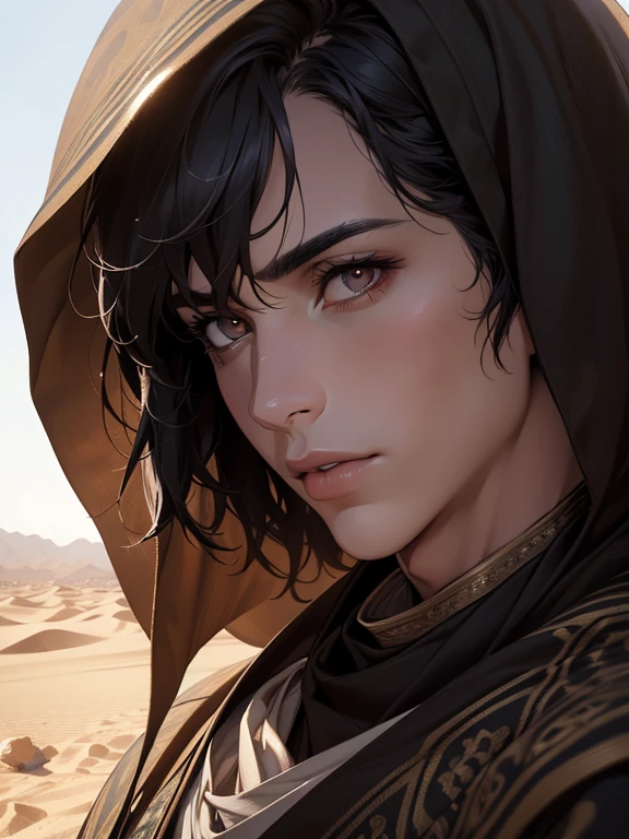 a muscular Middle Eastern man with short black hair and brown eyes, detailed facial features, in a desert landscape, wearing traditional Middle Eastern clothing, starting a journey, (best quality,4k,8k,highres,masterpiece:1.2),ultra-detailed,(realistic,photorealistic,photo-realistic:1.37),digital art, cinematic lighting, vibrant colors, dramatic composition