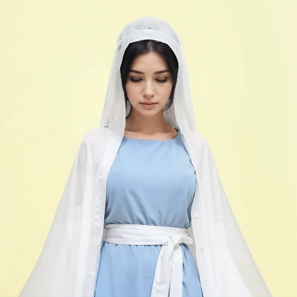 Beautiful woman with eyes closed, wearing gray tunic and white veil, long black hair 