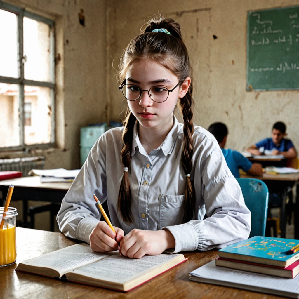 Pale skin ponytail hair Kurdish glasses teen studying at table tin body