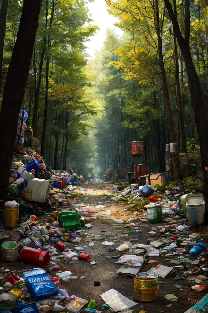 a beautiful forest, garbage scattered everywhere. Cans, papers and plastics