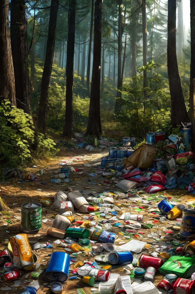 a beautiful forest,  garbage scattered everywhere. Cans, papers and plastics 

