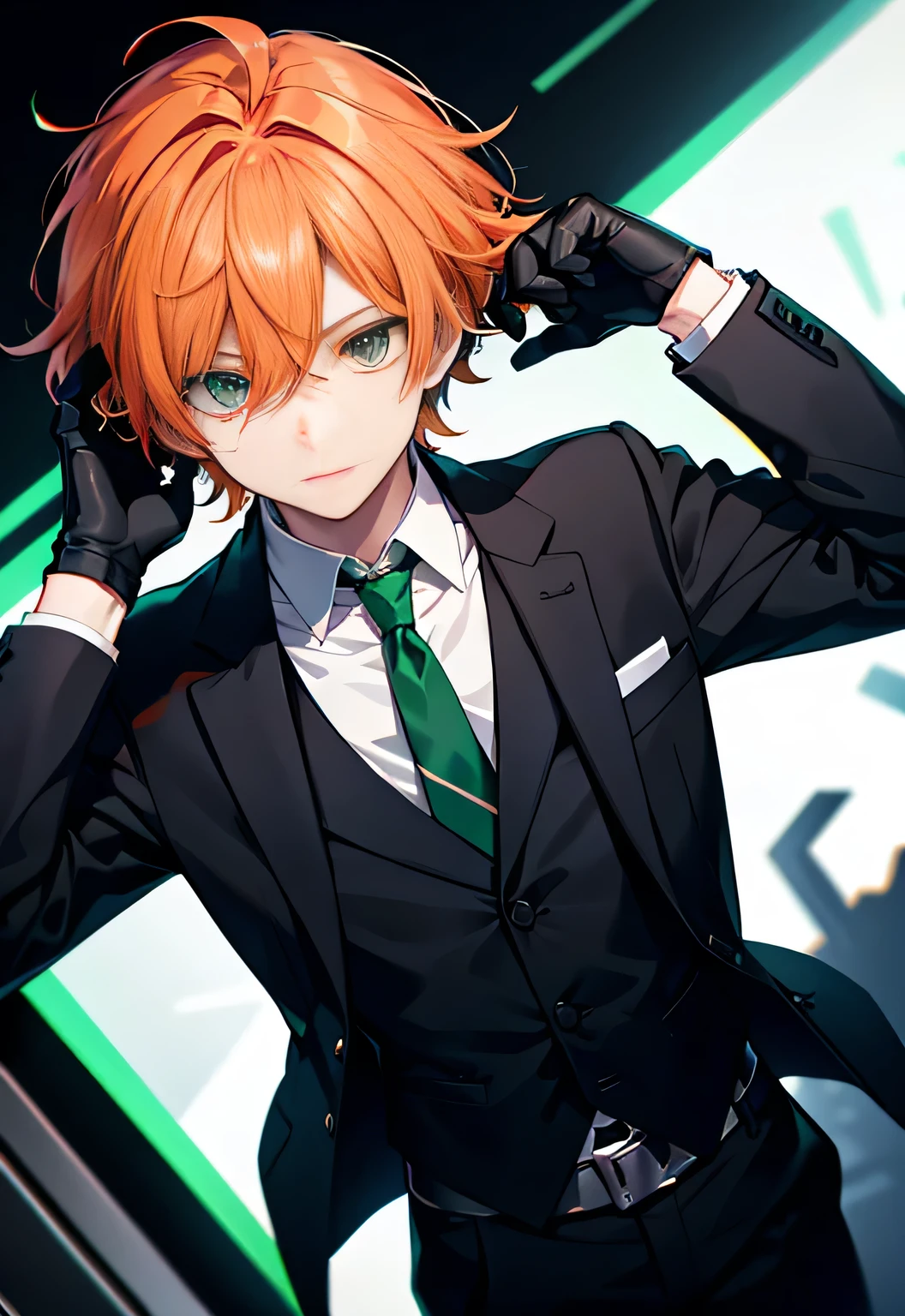 orange hair,green eyes,Hedgehog's head,non-core,Black suit,tie,gloves,Handsome,Green(Pokemon)