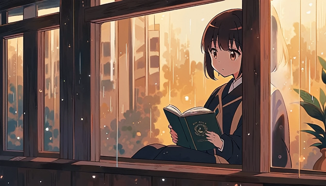 Scene of a cafe with rain falling outside the window, a girl is reading a book while drinking hot chocolate at a window seat, warm light and calm expression are impressive, Japanese anime style