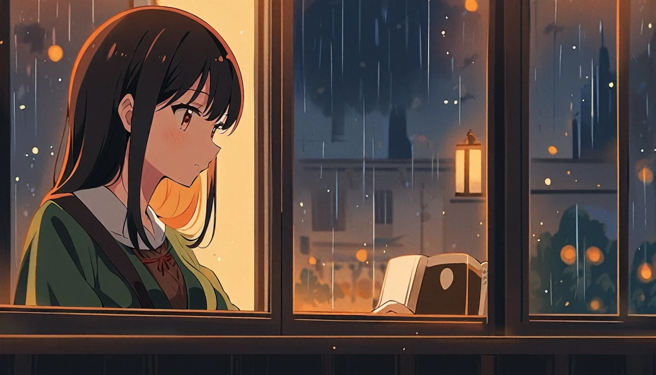 Scene of a cafe with rain falling outside the window, a girl is reading a book while drinking hot chocolate at a window seat, warm light and calm expression are impressive, Japanese anime style