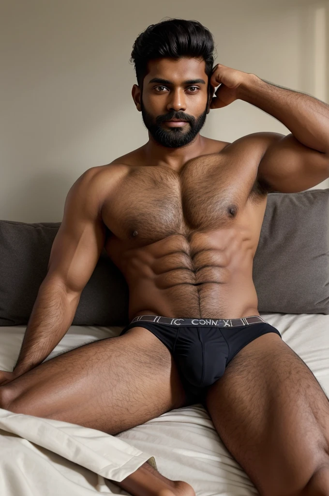 "A mallu man with a groomed beard with stylish hair,  ,laying on a bed He is shirt less . He is wearing a brown Calvin Klein boxer underwear 