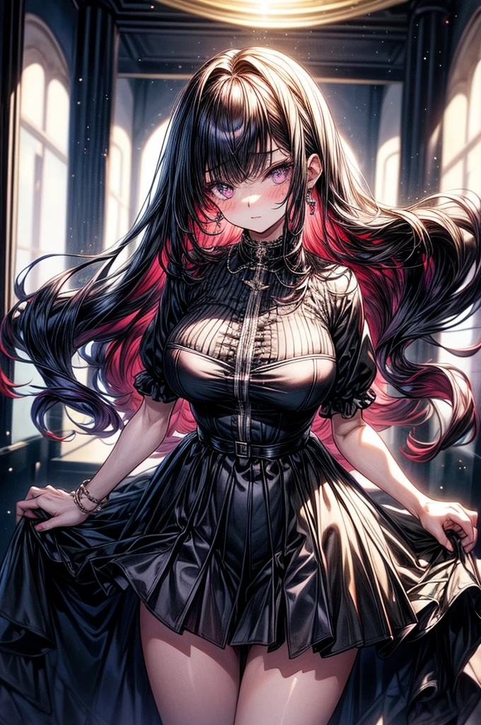 beautiful young anime girl, 16 years old, oval face, slender and toned hourglass body shape, sharp and noble facial features, arrogant and disdainful expression, classy opulent bedroom, sleeveless gothic white ruffled blouse, gothic pleated A-line mini-skirt flaring out behind her, tanned white skin, plump cherry pink lips, thin eyebrows, big round violet-colored eyes, sleek short sleek dark-violet hair with American Pixie cut and small bangs covering her forehead, narrow waist, small wide curvy hips protruding to large perky round ass, sandals, modest C-cup breast size, tall 175cm, full body image, standing straight, looking at camera, hip level shot, huge European castle background, best quality