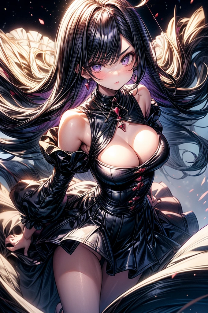 beautiful young anime girl, , oval face, slender and toned hourglass body shape, sharp and noble facial features, arrogant and disdainful expression, classy opulent bedroom, sleeveless gothic white ruffled blouse, gothic pleated A-line mini-skirt flaring out behind her, tanned white skin, plump cherry pink lips, thin eyebrows, big round violet-colored eyes, sleek short sleek dark-violet hair with American Pixie cut and small bangs covering her forehead, narrow waist, small wide curvy hips protruding to large perky round ass, sandals, modest C-cup breast size, tall 175cm, full body image, standing straight, looking at camera, hip level shot, huge European castle background, best quality