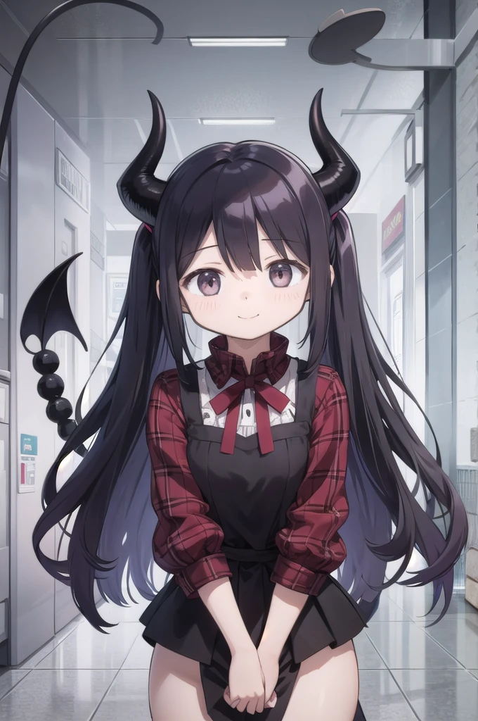 1 girl, black hair, twin drills, white skin, cute 14 year old girl, black and white, cute smile, gray eyes, black demon horns, and black demon tail