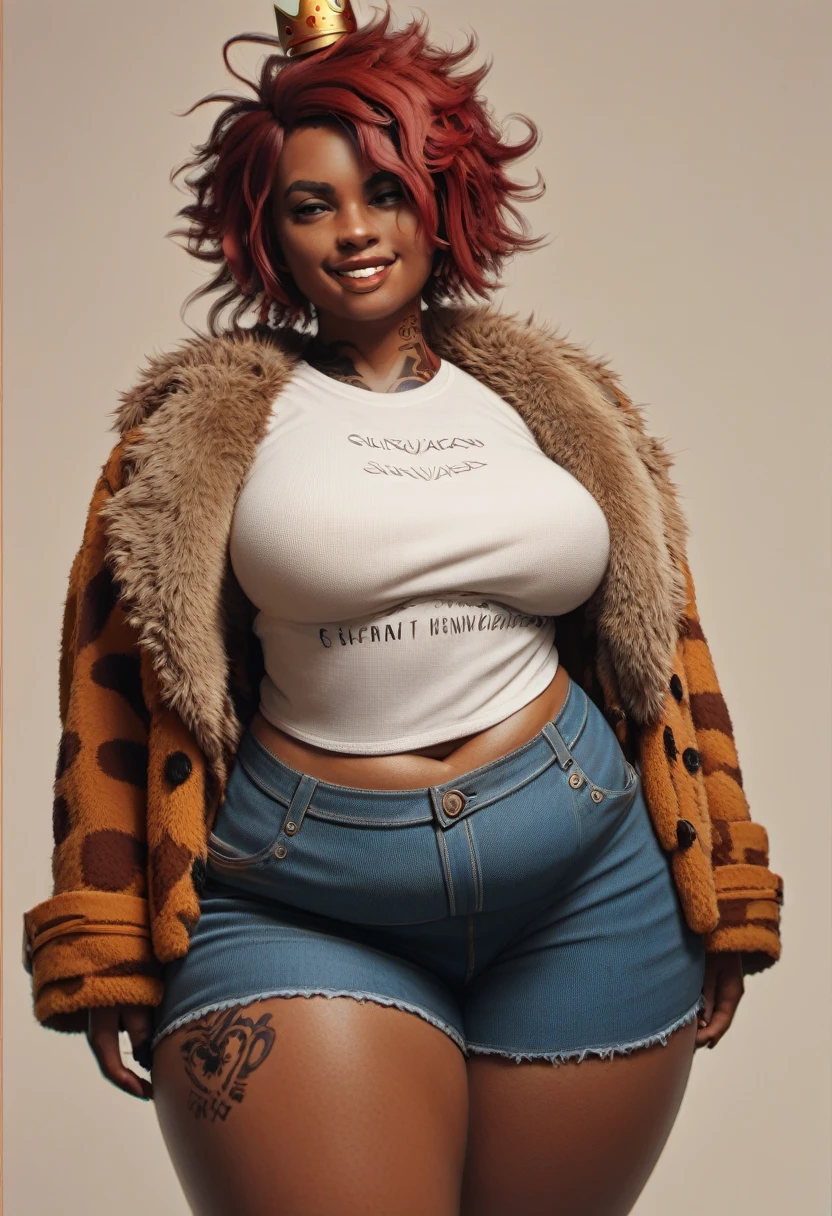 chubby black woman, african skin, redhair, red hair, messy hair, white shirt, orange fur coat, red lipstick, orange crown, naughty smile, punk girl, tattoos, jeans black shorts
