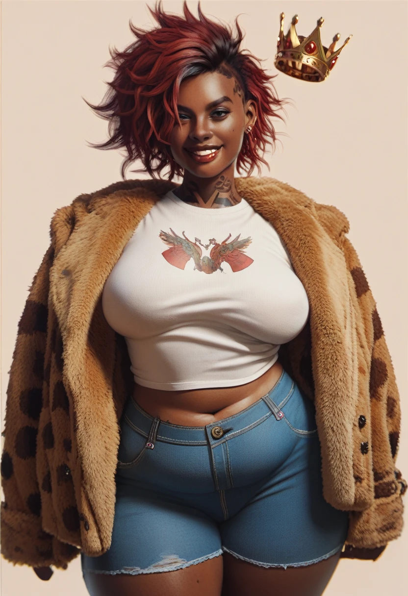 chubby black woman,  naked without panties African skin, Red hair, Red hair, Messy hair, white  shirt, orange fur coat, red lipgloss stick, orange crown, mischievous grin, Punk Girl, tattoo's, 
