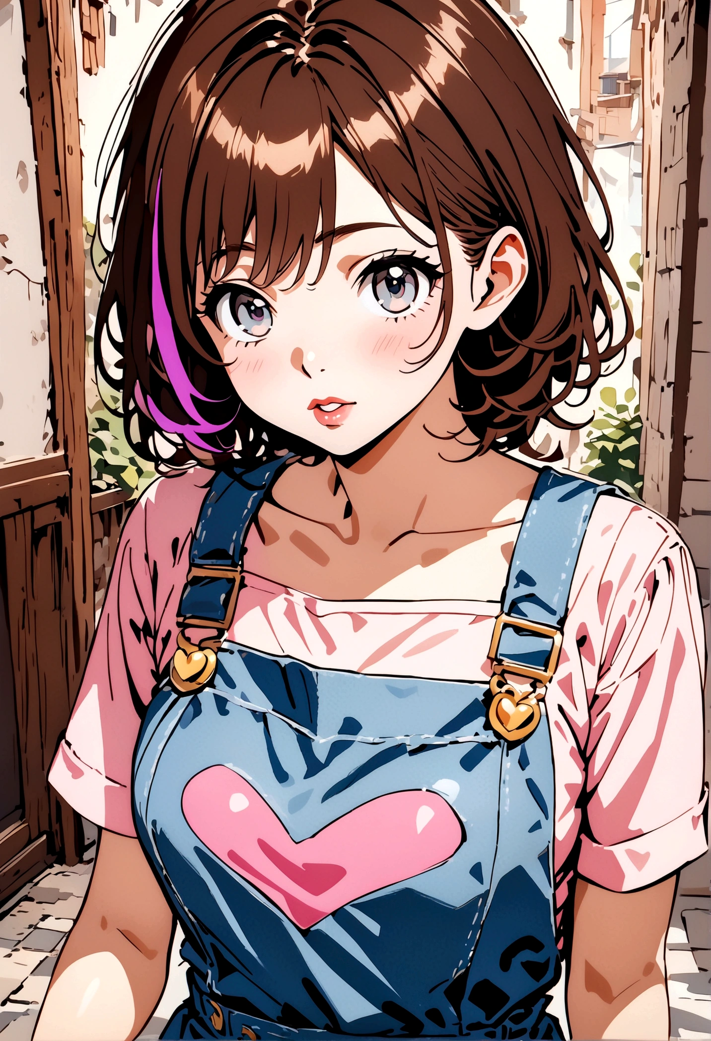 One with long brown hair with a purple streak, with bright gray eyes, your lips are pink, He wears a cute anime style simple denim overalls dress. Do it in the style of the first image generated previously