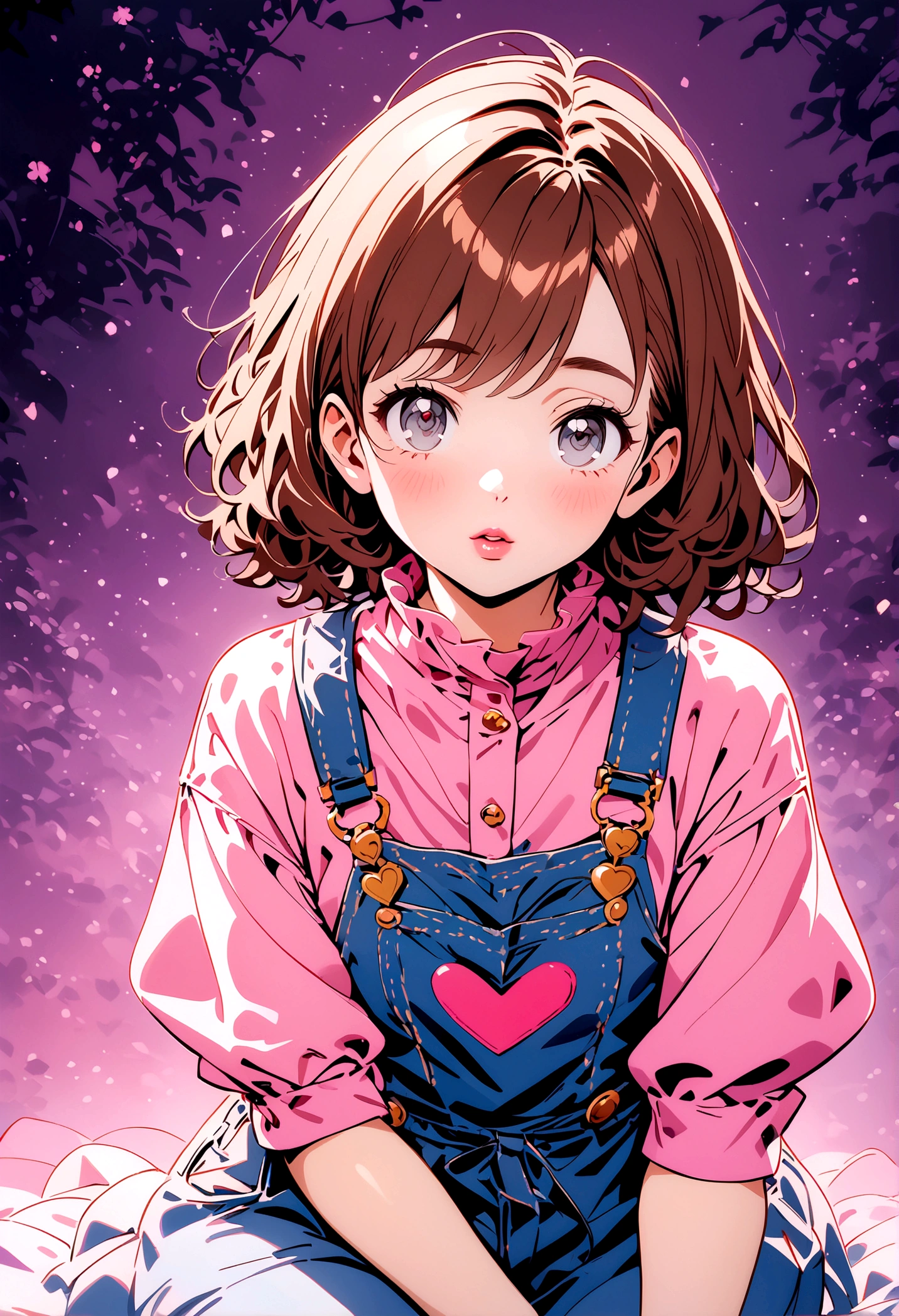 One with long brown hair with a purple streak, with bright gray eyes, your lips are pink, He wears a cute anime style simple denim overalls dress. Do it in the style of the first image generated previously
