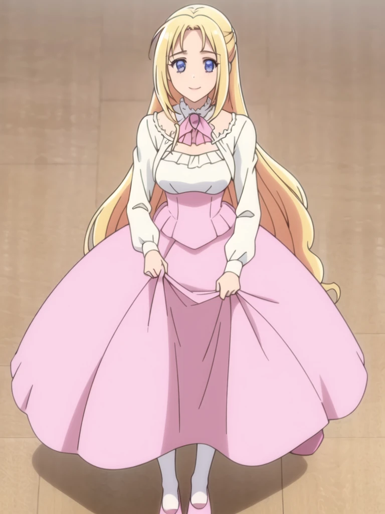((Best quality))), ((Ultra-detailed)), ((illustration)), ((Disheveled hair)), ((frilld)), (1 girl), (Solo),1girl, looking_at_viewer, solo, standing, rating:safe, blonde_hair, blue_eyes, breasts, capelet, cleavage, clothes_pull, clothing, dress, female, footwear, high_heels, long_hair, makaria, shoes, skirt, skirt_hold, skirt_lift, skirt_pull, smile, white_dress, pink_footwear, pink_shoes