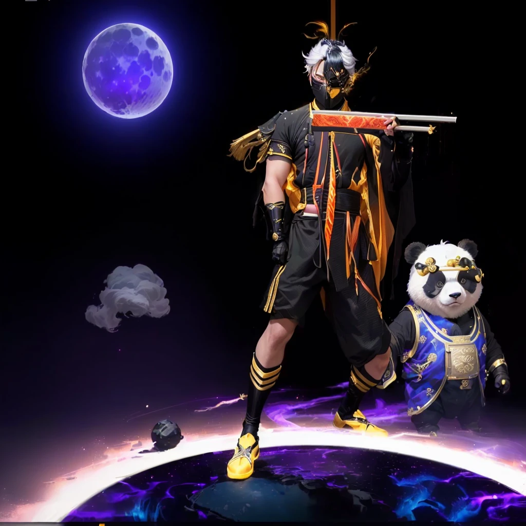 there is a panda bear and a man in a black outfit, lunar themed attire, in the style of sifu 🔥 😎 🕹️ 👀 :2, moon bear samurai, tane skin, moon bull samurai, space pirate, detailed bushido form smoke, riot background, pitchblack skin, obsidians skin, slick clammy skin, arcane style bomb