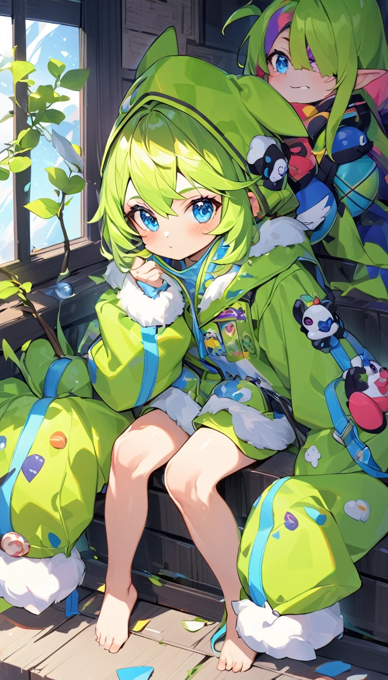 2 Little мужчина with bright rainbow colored hair and shiny bright blue eyes and barefoot and маленький feet wearing a yellow oversized толстовка с капюшоном and спортивные штаны sitting on a window ledge, краснея, молодой, мальчик, , маленький, ребенок, начинающий ходить, крошечные ножки, (спортивные штаны:1.4), (молодой:1.4), (ребенок:1.4), (Шота:1.4), (толстовка с капюшоном:1.4), (закат:1.4)