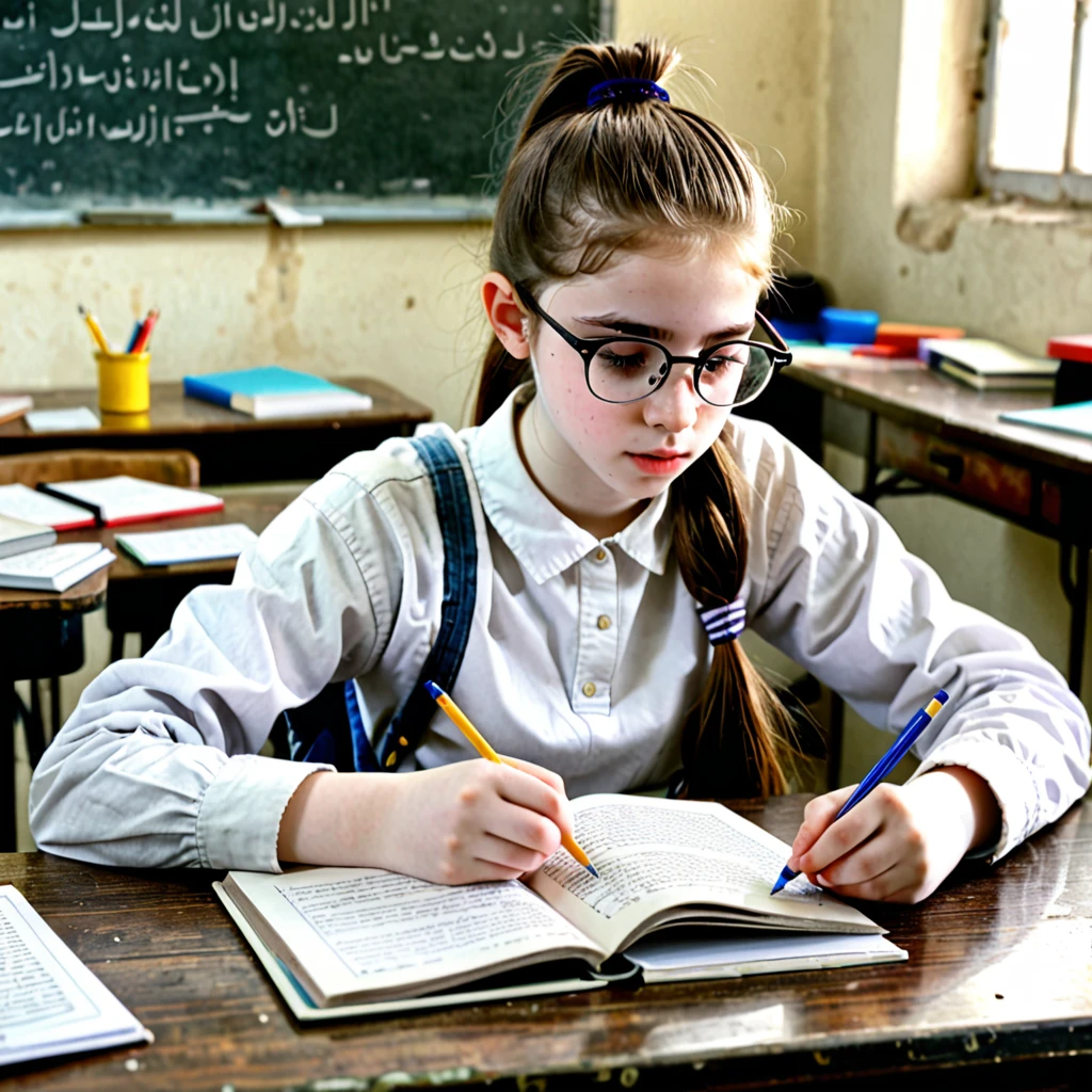 Pale skin ponytail hair Kurdish glasses teen studying at table tin body