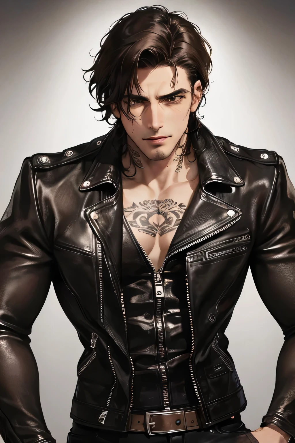 Book cover, photography of a sexy rider man, a solo man, (((man))), (male face), 25 years, motorcyclist, big bad boy, (Brown eyes), expressive look, curly black hair, (((dark background))), shiny hair, unshaven, leather jacket, Tattoos, super detailed face, Perfect body, perfect shapes, realistic image, photo, award winning, 8 k,