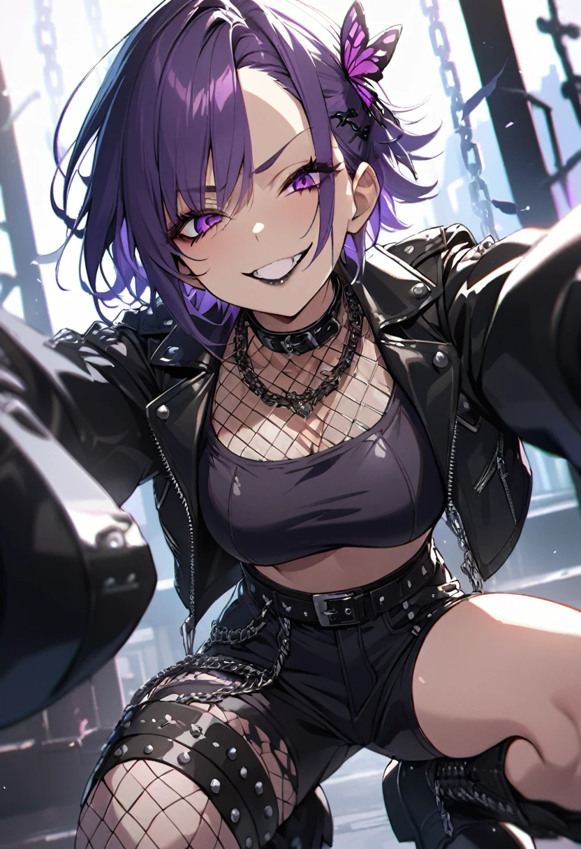 best quality, masterpiece, ultra-detailed, illustration, dynamic pose, shinobu, Shinobu Kocho from demon slayer, butterfly hairpin, evil smile, purple short hair, (perfectly proportionate body), eyeliner, tired,wearing a leather jacket, adorned with studded accessories, platform boots, layered necklaces, bold patterns, (torn fishnets), dramatic makeup, black nail polish, oversized rings, chains and buckles, black lipstick, busty body, wearing a crop-top, close-up shot, glossy lips, cinematic lighting, volumetric lighting, vibrant colors, ray tracing, 