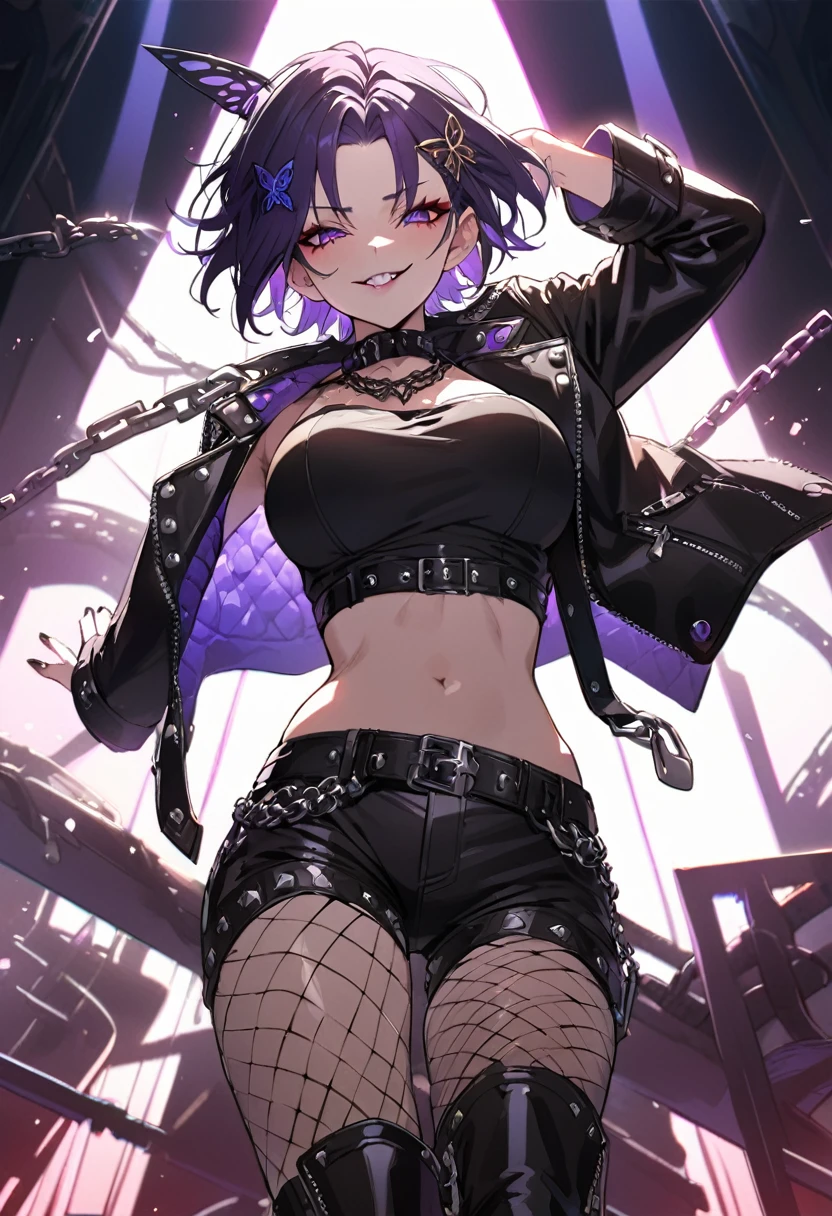 best quality, masterpiece, ultra-detailed, illustration, dynamic pose, shinobu, Shinobu Kocho from demon slayer, butterfly hairpin, evil smile, purple short hair, (perfectly proportionate body), eyeliner, tired,wearing a leather jacket, adorned with studded accessories, platform boots, layered necklaces, bold patterns, (torn fishnets), dramatic makeup, black nail polish, oversized rings, chains and buckles, black lipstick, busty body, wearing a crop-top, close-up shot, glossy lips, cinematic lighting, volumetric lighting, vibrant colors, ray tracing, 