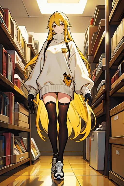 Young woman long yellow hair brown eyes white sweater long black stockings black sneakers red gloves
