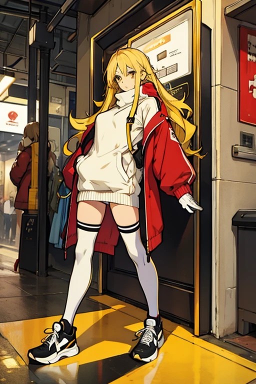 Young woman long yellow hair brown eyes white sweater long black stockings black sneakers red gloves