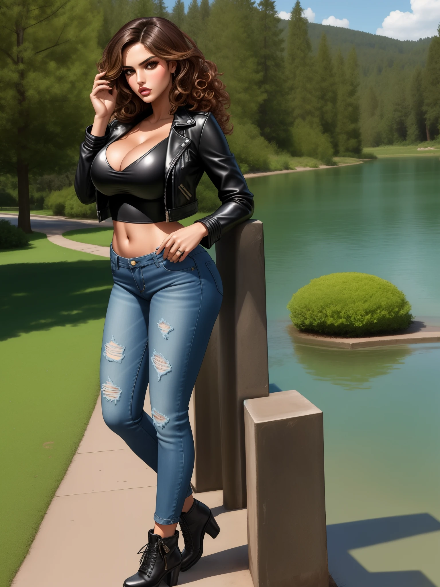 Eiza González in jeans and a leather jacket posing in front of a tree, casual pose, sexy girl, on a lake, perfect body, curvy model, curly haired, beautiful female model, beautiful model girl, sexy pose, great body, beautiful model, sexy body, gorgeous face and figure, beautiful girl model, casually dressed, dressed in short leather jacket