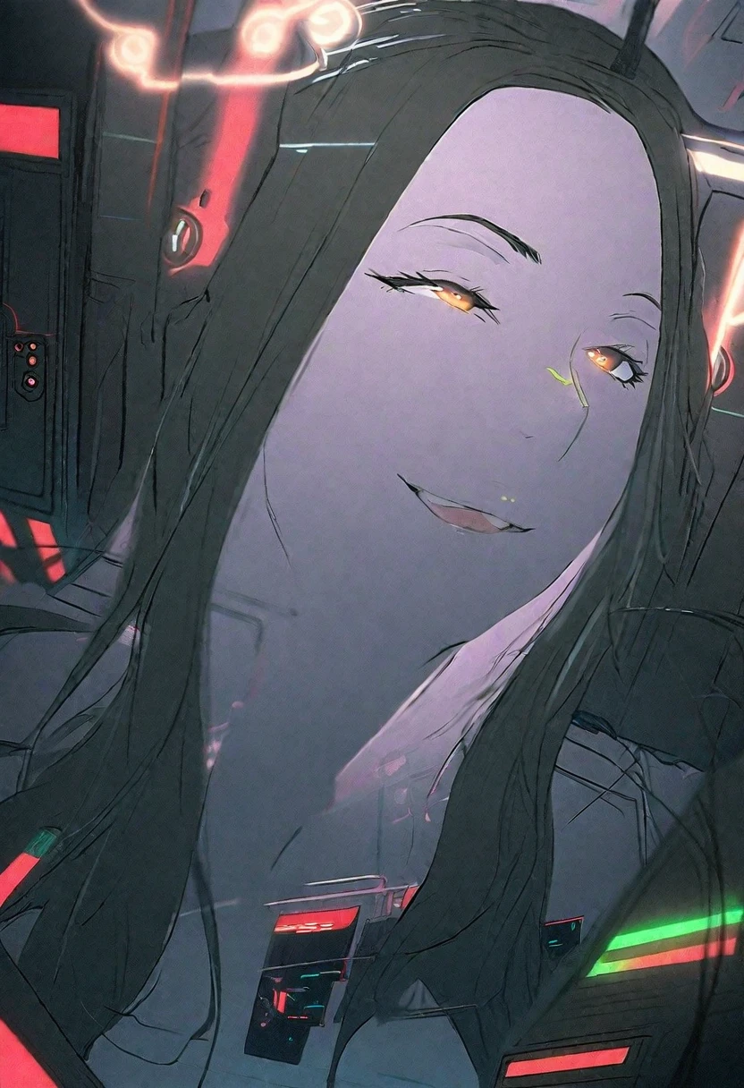 (((illustration)), (Depth of field: 1.2),standing alone,dynamic angle,1 girl, Hacker beautiful 28 year old girl with medium skin, Inside the house, hall, Dim hall, Sci-fi, neon, neon Lights, Computer hall, Gaming Headphones, Computer equipment, Server hall Background, display lights, Monitors, (LED Monitors, surrounded by multiple display Monitors: 1.5), gaming chair, dark haired, 2 white strands of hair in the front, long hair, black clothing, dark brown eyes