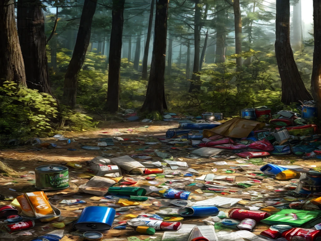 a beautiful forest, garbage scattered everywhere. Cans, papers and plastics