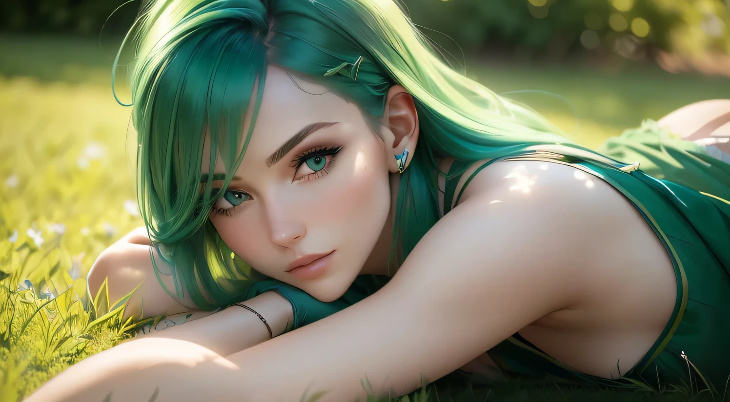 beautiful green eyes, detailed green eyes, long eyelashes, vibrant blue hair, medium:oil painting, realistic lighting, highres, vivid colors, soft brushstrokes, enchanting gaze, flowing locks, fantasy aesthetic, dreamy ambiance, ethereal beauty.