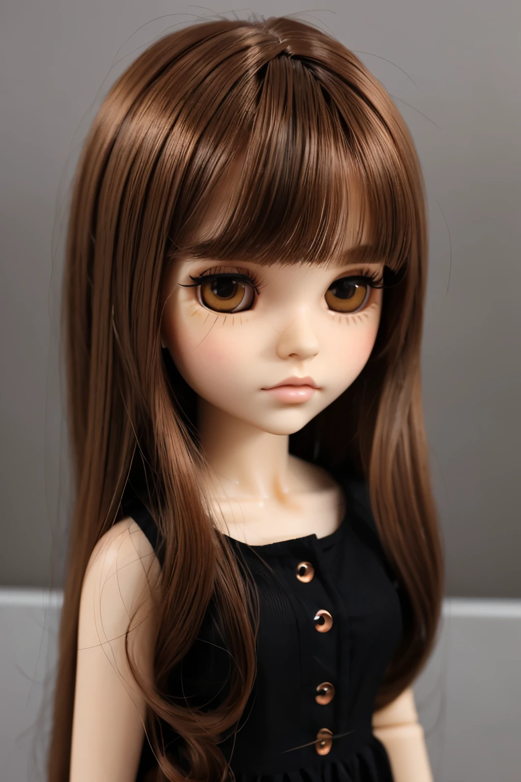 Blythe doll, brown eyes, long manga eyelashes, manga long under eye lashes, curved long eyeliner, copper brown hair, bangs, medium hair length, straight but soft hair, hair curved outwards at the ends ,pale skin, black clothing
