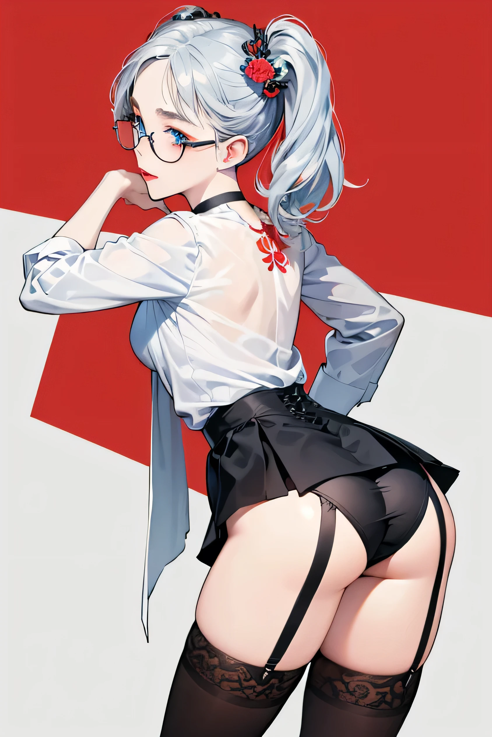 (Super detailed、Ultra-high resolution、Detailed Background)、((Flat Color))、((colorful))、((浮かぶcolorfulな水))、One female secretary in the office、body paint、Pop tattoo on the butt、Big Breasts、Sexy Random Pose、Low angle from behind、Beautiful ass、Buttocks up、
(Medium Hair、Silver Hair、hair ornaments、Glasses)、Beautiful blue eyes、Beautiful red lip、(Office Suits、blouse、Micro Mini Skirt、choker、Black knee-high stockings、garter belt)、TWICE's Tzuyu' on pause、(fun、smile、A rich expression)