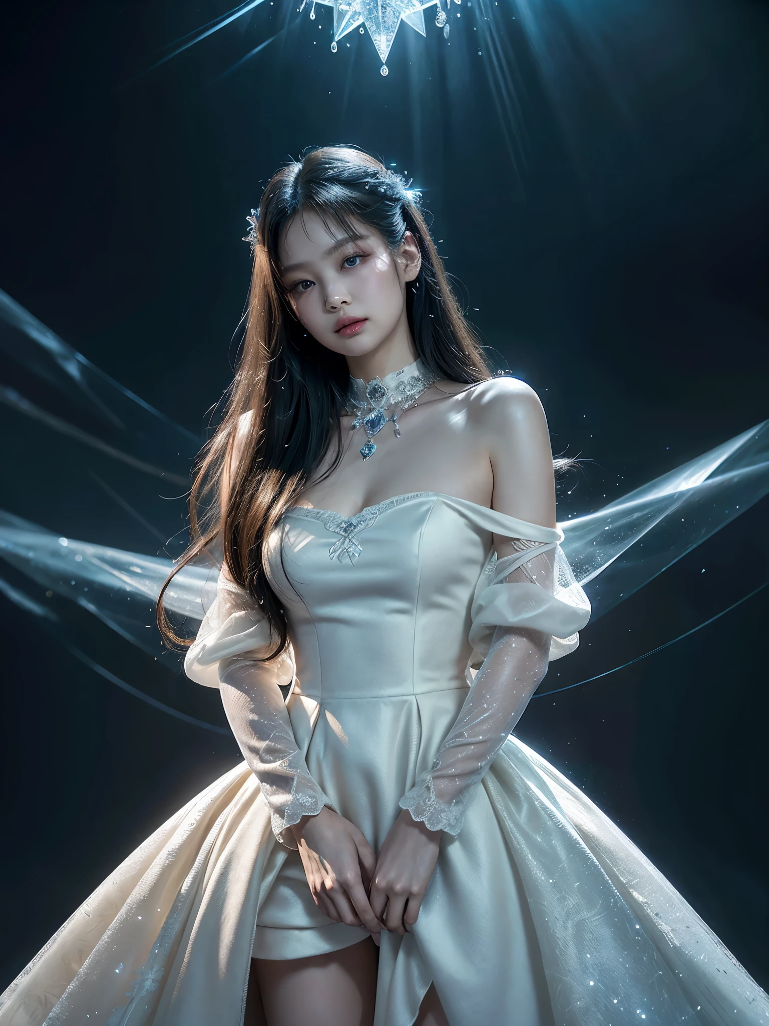 platinum tone、((​masterpiece)))、(((top-quality)))、((ultra-detailliert))、(A hyper-realistic)、(highly detailed CGillustration）、light Particle、Halo、Official art、Fractal Art、snow palace、Moscow at the beginning of the 20th century、blizzard、Full body luminescence、Queen of snow、Cool Beauty、Adult woman in her 40s、Slender eyes、sharp gaze、sapphire eyes、sophisticated menegance、Gorgeous beauty、Activation of blizzard magic that freezes everything、gorgeous dress、diamond encrusted solo、Perfect Angle、perfect-composition、dynamicposesplatinum tone、((​masterpiece)))、(((top-quality)))、((ultra-detailliert))、(A hyper-realistic)、(highly detailed CGillustration）、light Particle、Halo、Official art、Fractal Art、Geometry learned、Abstract background、Moscow at the beginning of the 20th century、blizzard、Full body luminescence、Queen of snow、Cool Beauty、Adult woman in her 40s、Slender eyes、sharp gaze、sapphire eyes、sophisticated menegance、Gorgeous beauty、Activation of blizzard magic that freezes everything、gorgeous dress、diamond encrusted solo、Perfect Angle、perfect-composition、dynamicposes, blackpink jennie 