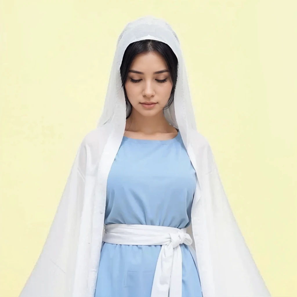 Beautiful woman with eyes closed, wearing gray tunic and white veil, long black hair 