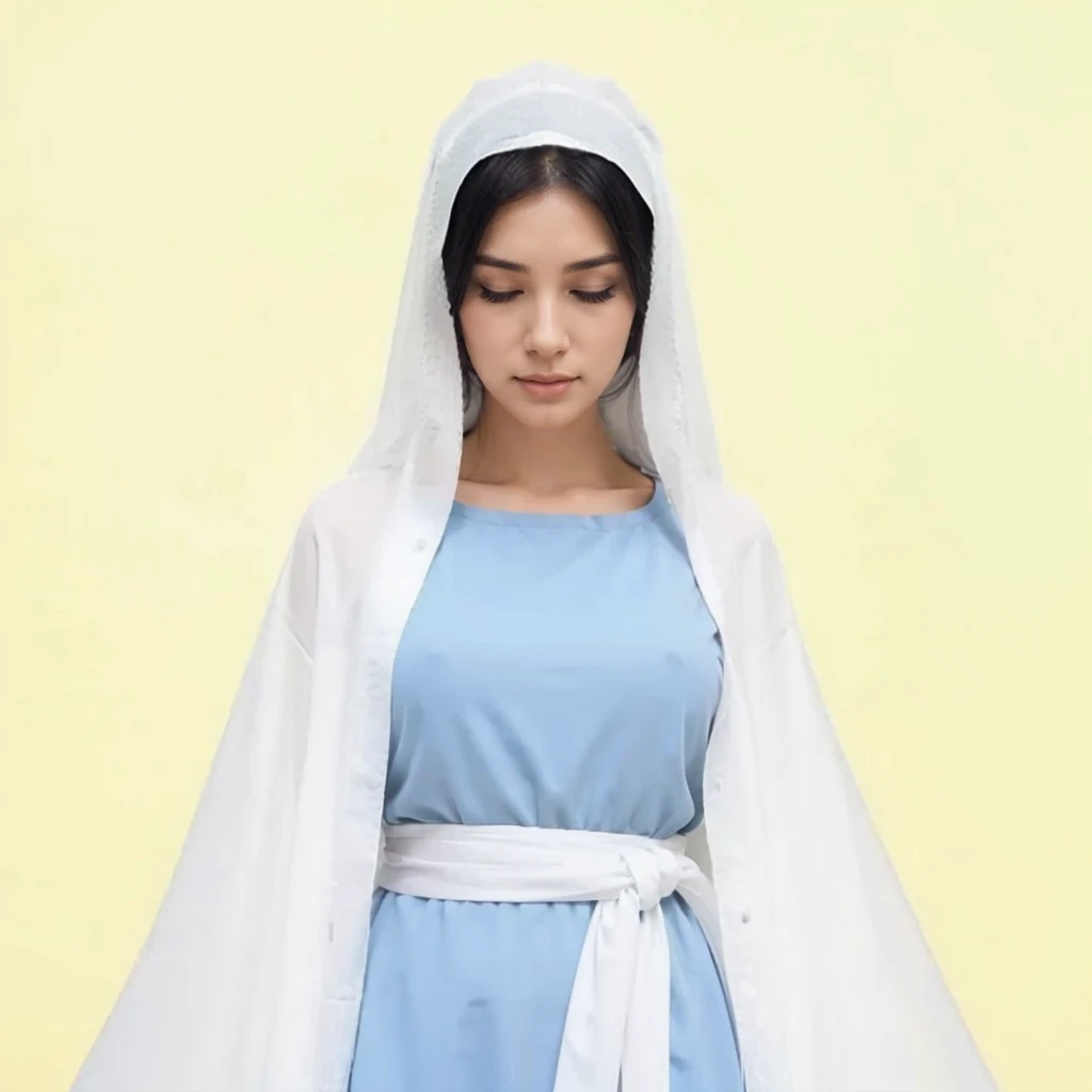 Beautiful woman with eyes closed, wearing gray tunic and white veil, long black hair