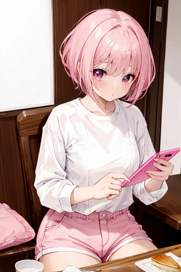 cute girl with short pink hair with bangs, wearing white shirt and pink shorts, is sitting in a chair facing a table in a kitchen, eating breakfast, while using her cell phone, 8k