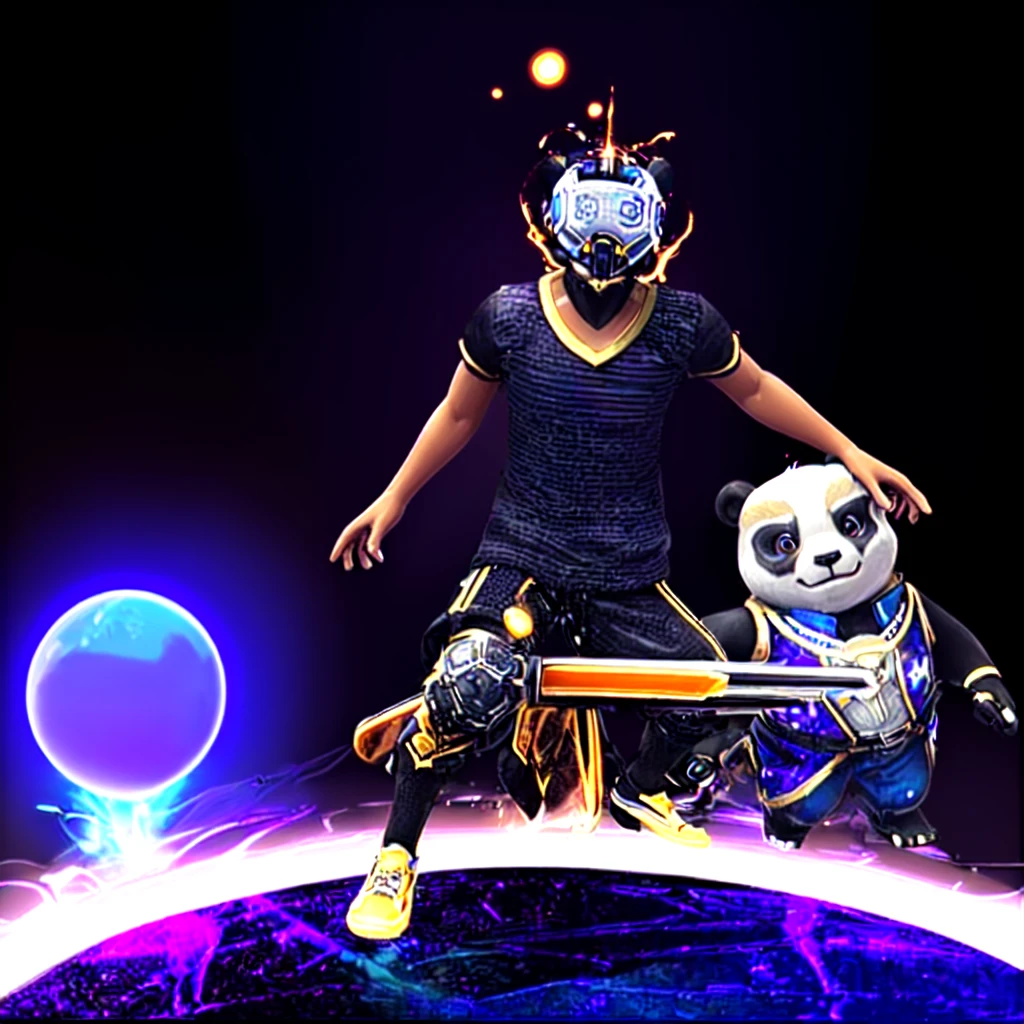 there is a man riding a panda bear on a skateboard, lunar themed attire, mocap, in the style of sifu 🔥 😎 🕹️ 👀 :2, holding a lightsabre. splash art, t-pose of wizard, metaverse concept art, neosvr!!!, deeper into the metaverse we go, vrchat, vr game